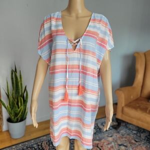 Kona Sol Women's Swim Coverup, Size Medium, Orange Blue White Stripes, Tassels